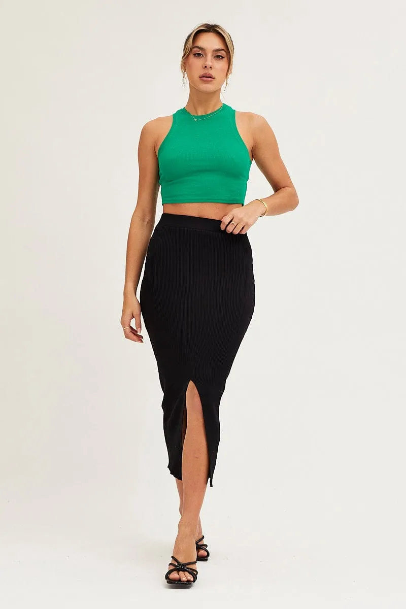 Black Slit Knit Midi Skirt