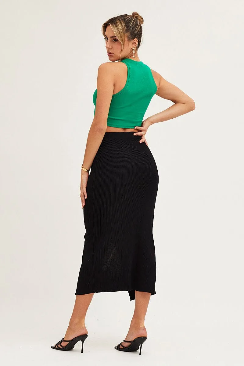 Black Slit Knit Midi Skirt