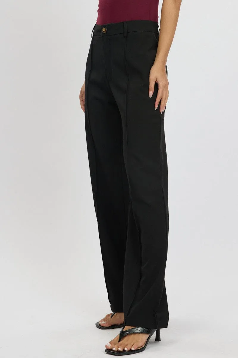 Black Straight Fit Pants High Rise