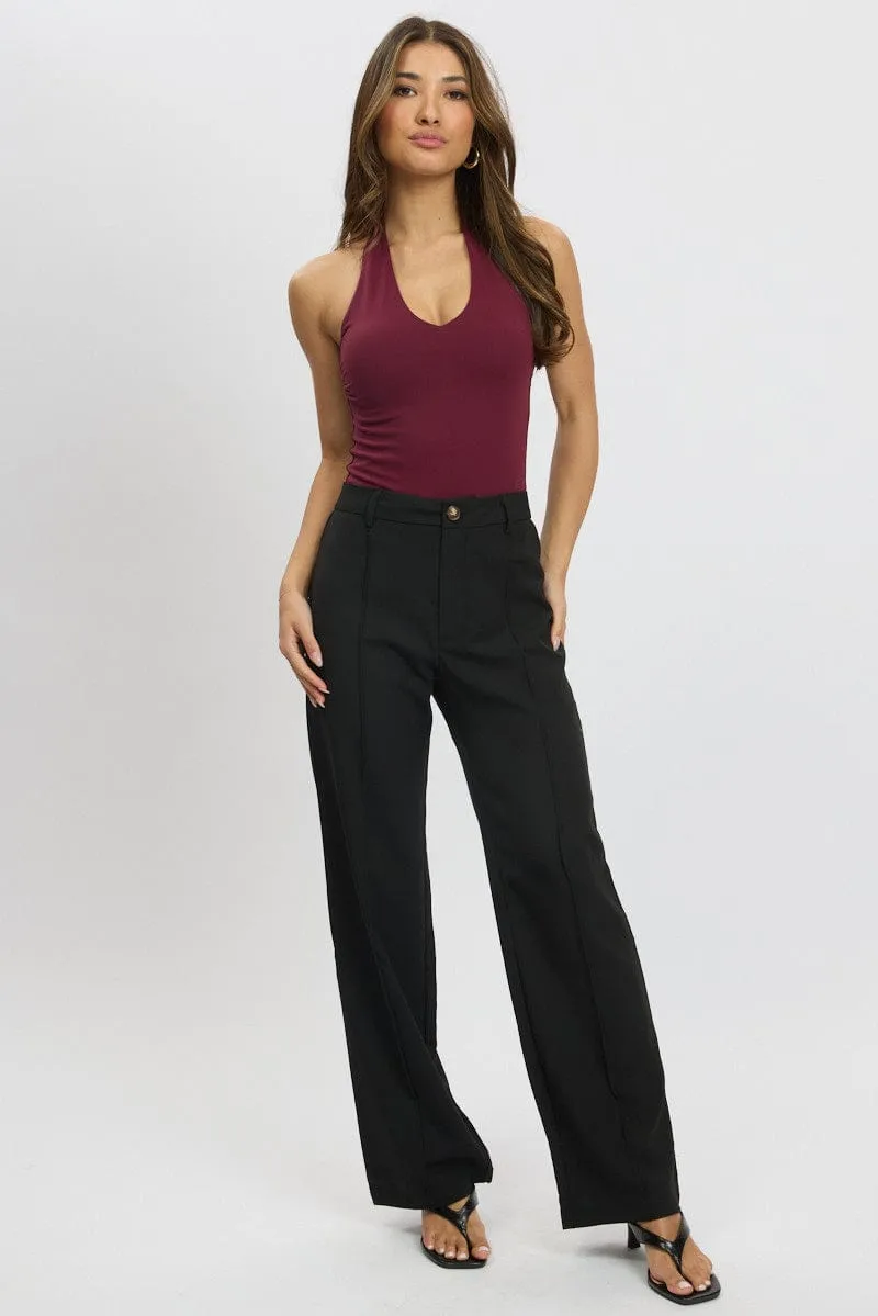Black Straight Fit Pants High Rise