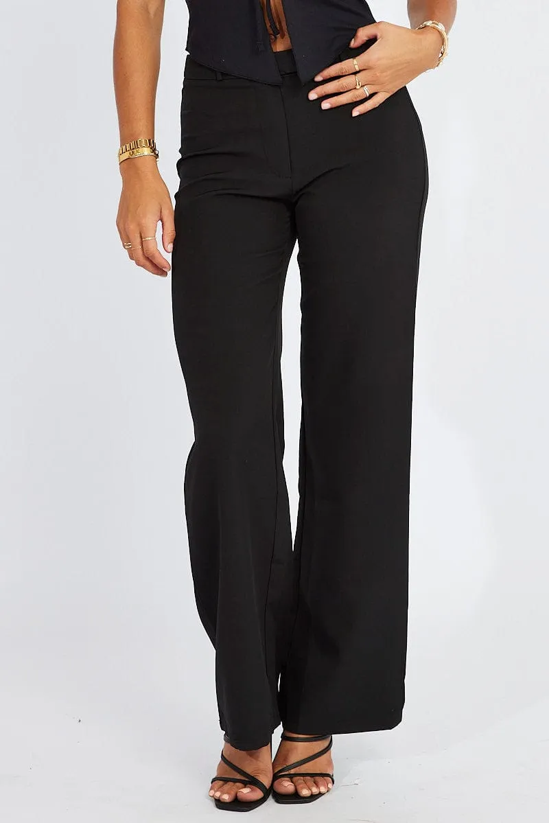 Black Straight Fit Pants Mid Rise