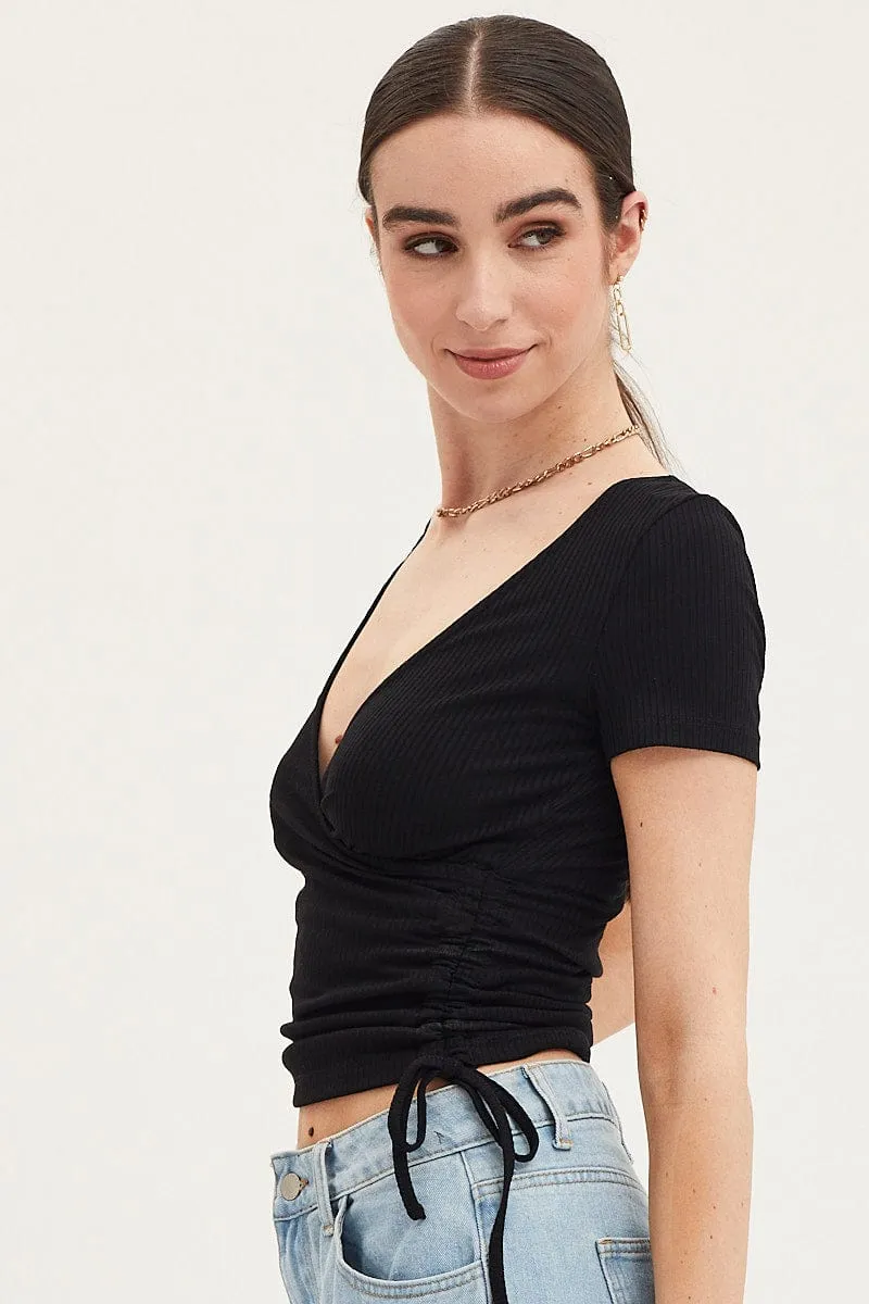 Black Top Drawstring Wrap Neck