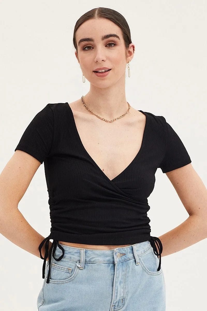 Black Top Drawstring Wrap Neck