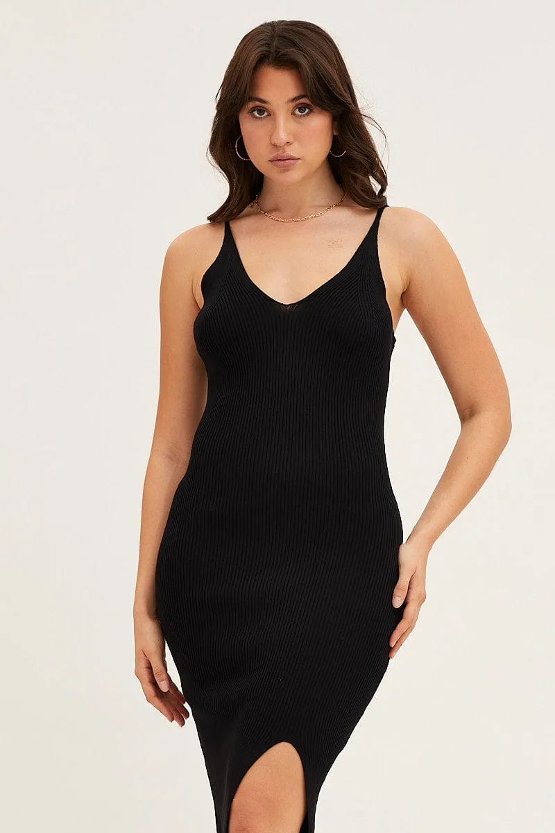 Black V Neck Kint Midi Dress