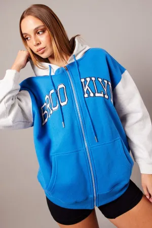 Blue Graphic Jacket Long Sleeve Hoodie