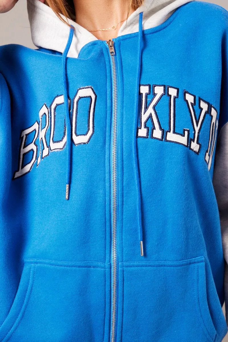 Blue Graphic Jacket Long Sleeve Hoodie