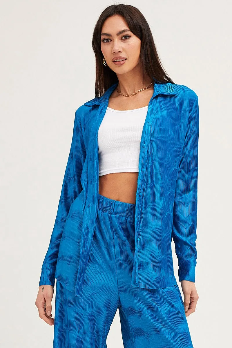 Blue Long Sleeve Plisse Shirt