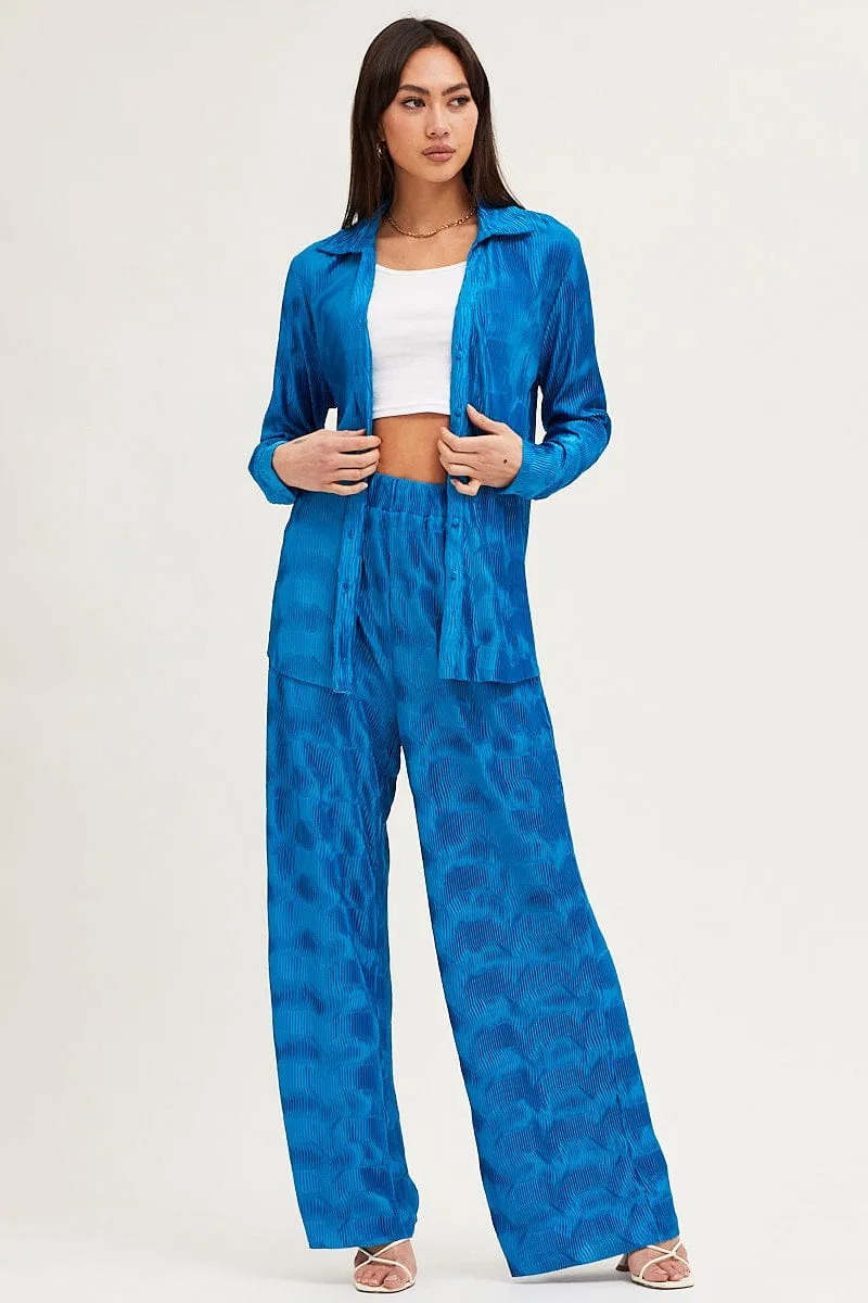 Blue Long Sleeve Plisse Shirt