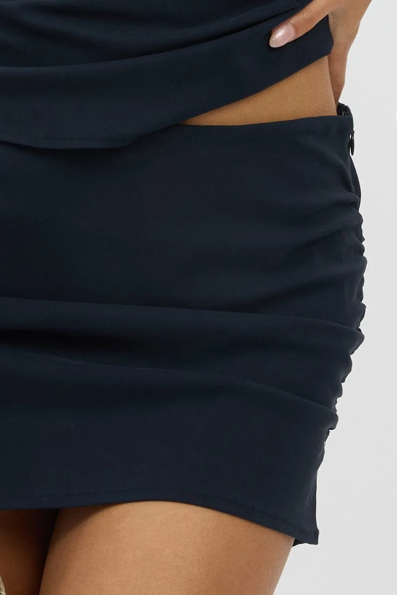 Blue Ruched Mini Skirt High Waisted Bengaline
