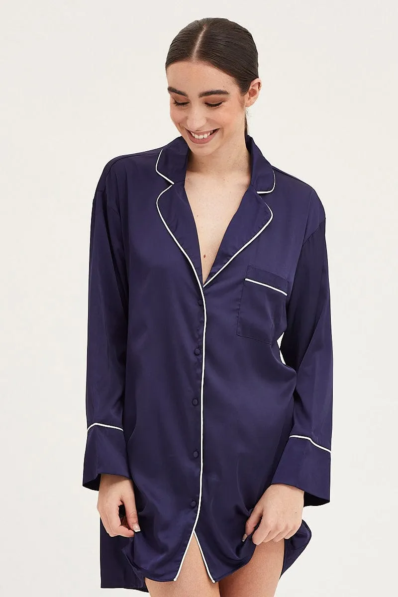 Blue Satin Pajamas Long Sleeve