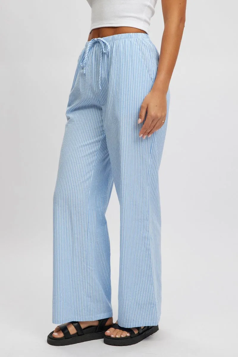 Blue Stripe Wide Leg Pants High Rise
