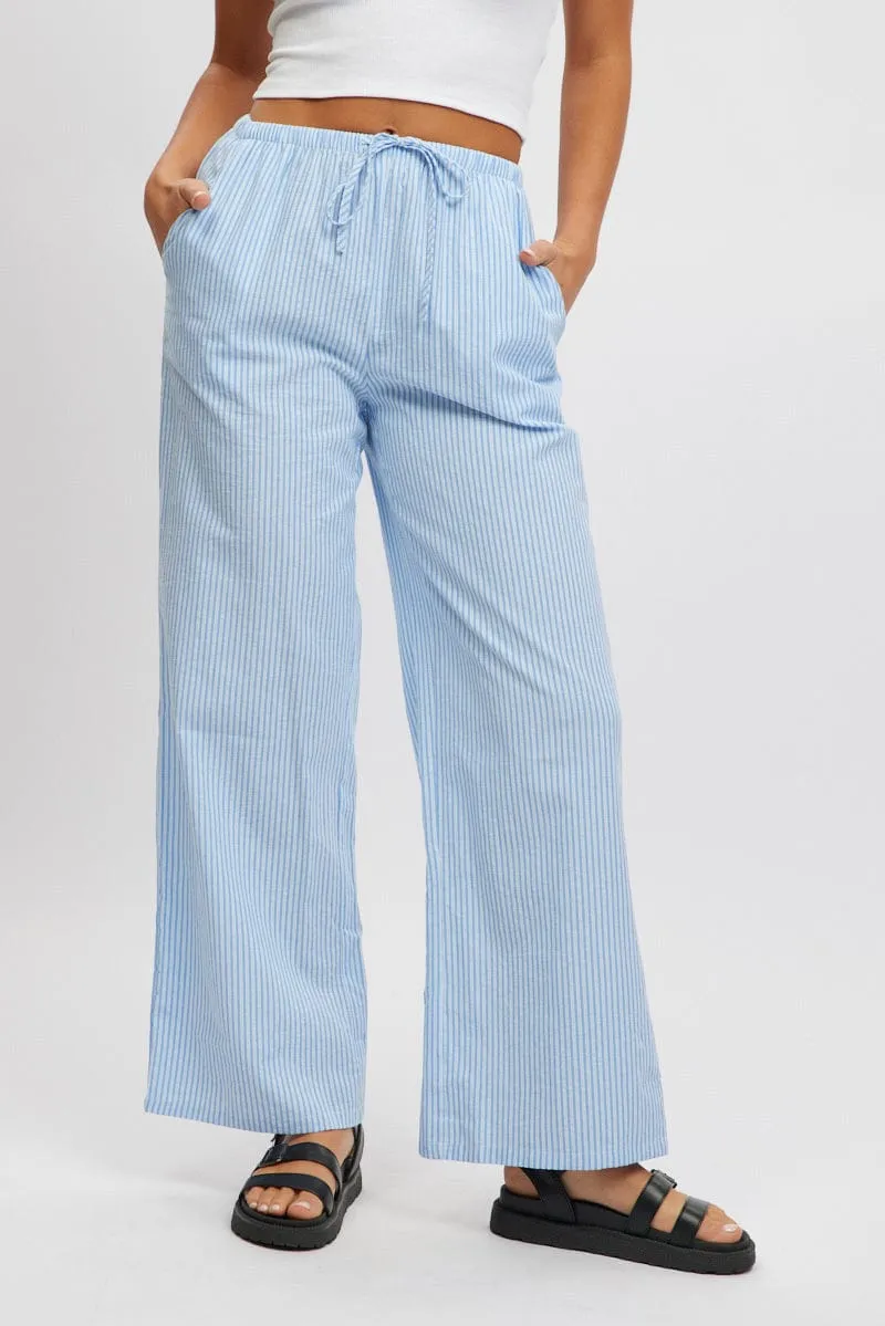 Blue Stripe Wide Leg Pants High Rise