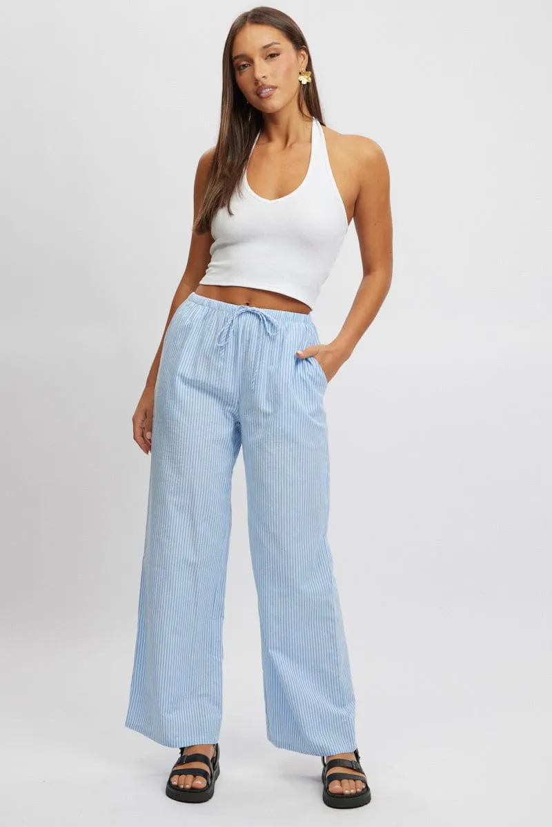 Blue Stripe Wide Leg Pants High Rise