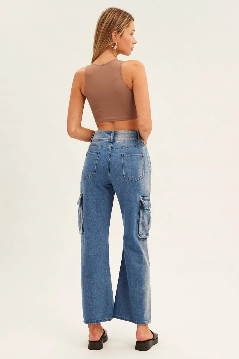 Blue Wide Leg Denim Cargo Pants