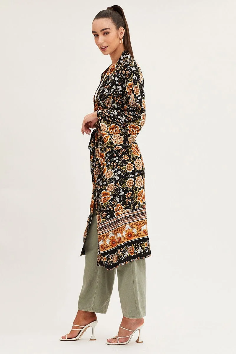 Boho Print Long Sleeve Longline Kimono