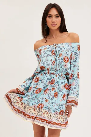 Boho Print Skater Dress Long Sleeve Mini