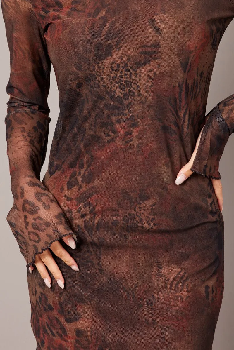 Brown Abstract Bodycon Dress High Neck Mini Long Sleeve