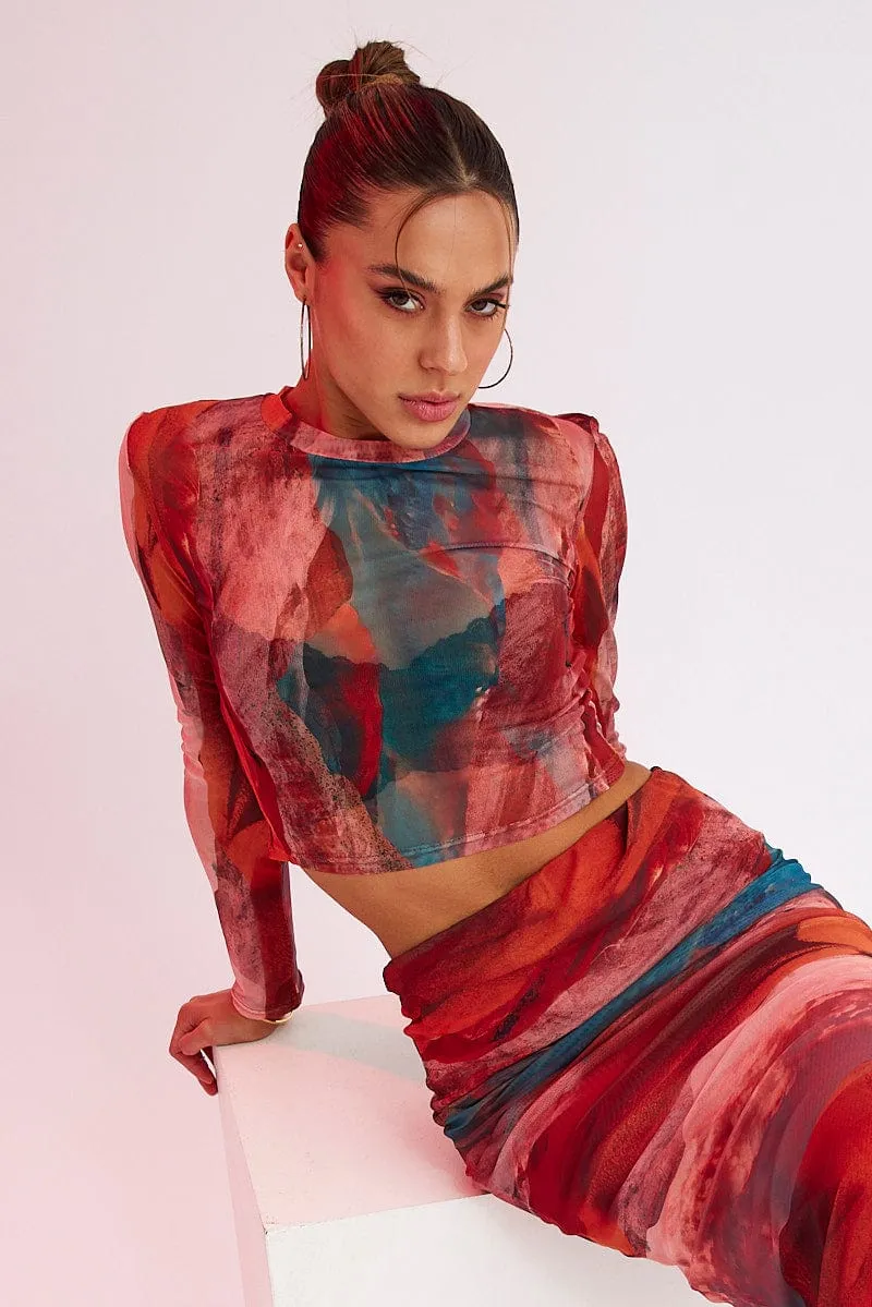 Brown Abstract Top High Neck Long Sleeve Abstract Print Mesh