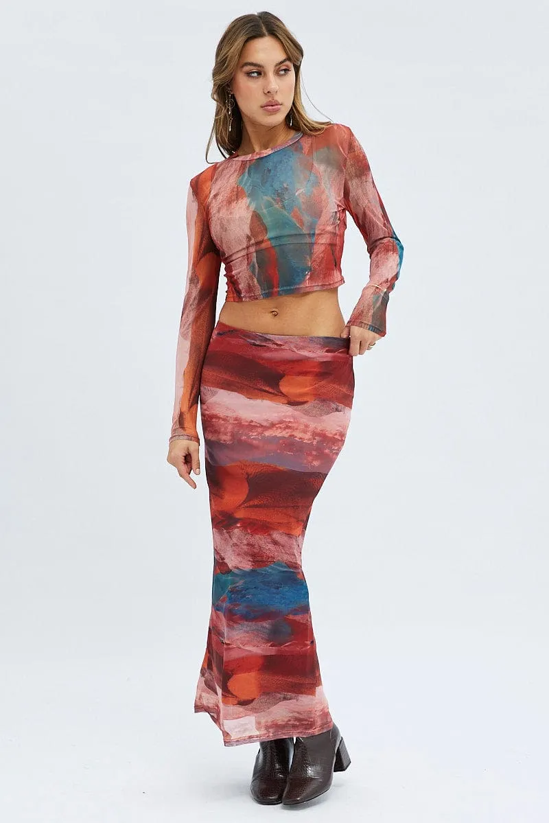 Brown Abstract Top High Neck Long Sleeve Abstract Print Mesh