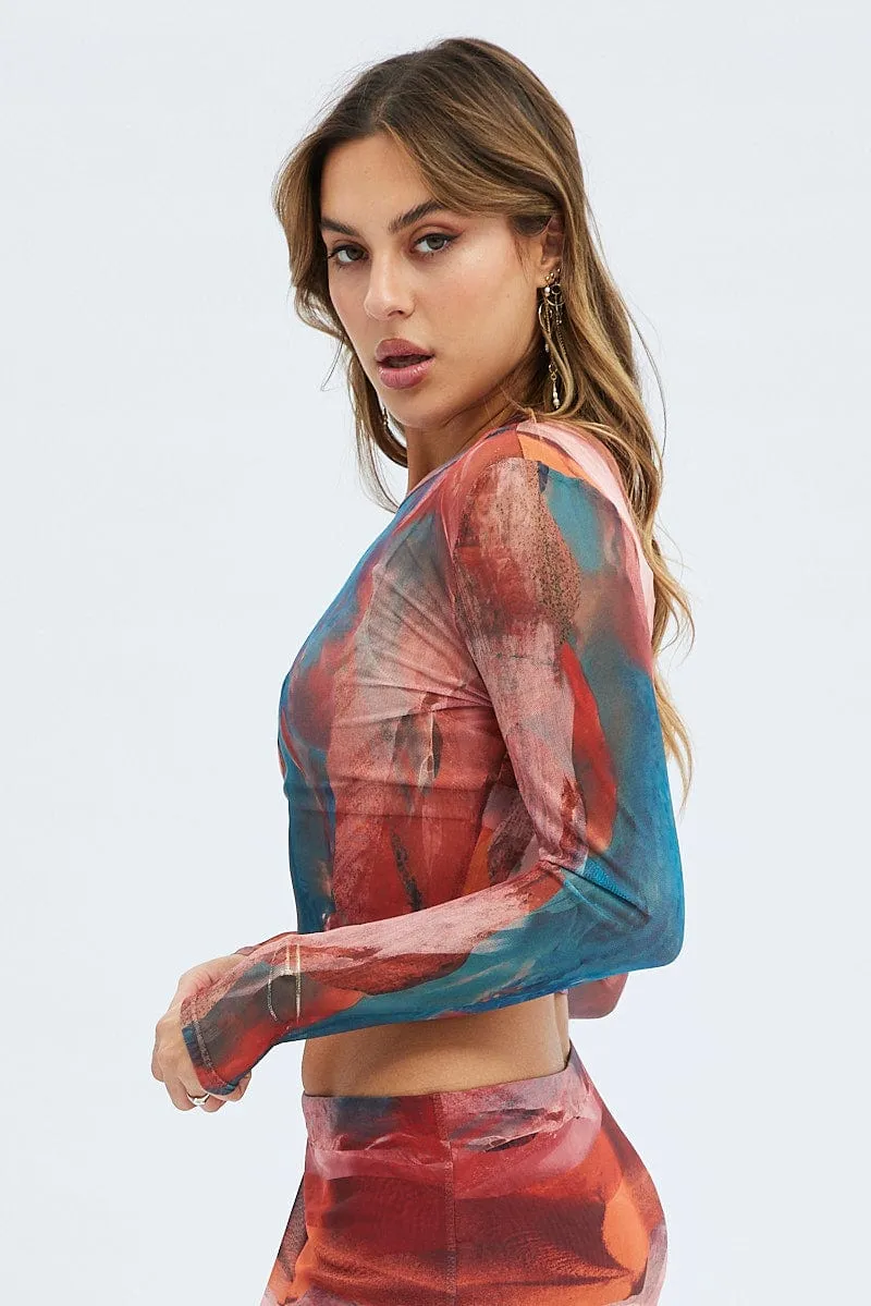 Brown Abstract Top High Neck Long Sleeve Abstract Print Mesh