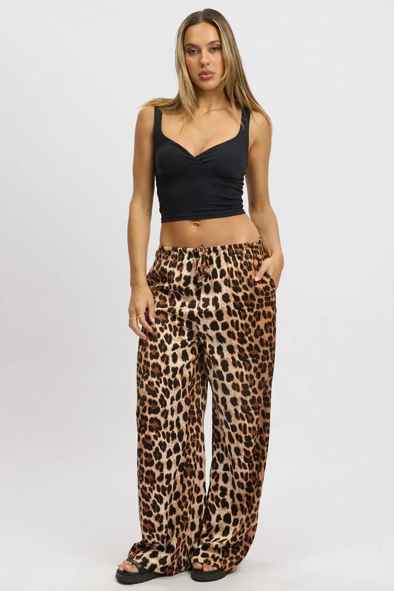 Brown Animal Print Wide Leg Pants Elasticated Waist