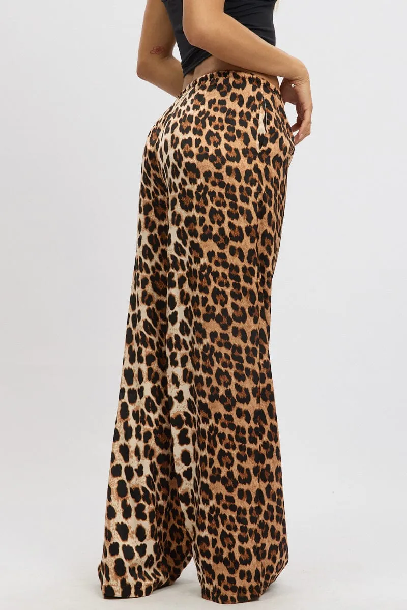 Brown Animal Print Wide Leg Pants Elasticated Waist