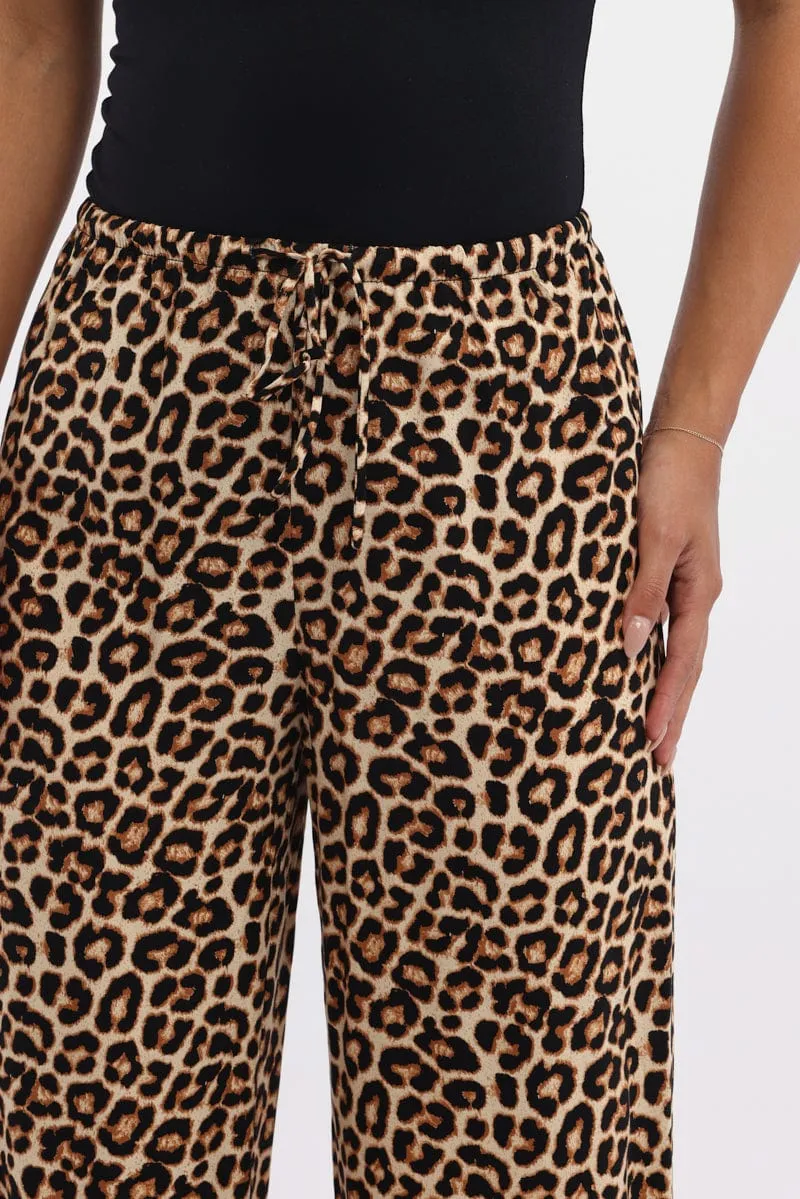 Brown Animal Print Wide Leg Pants Low Rise