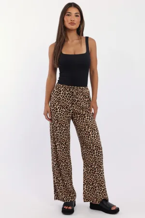 Brown Animal Print Wide Leg Pants Low Rise