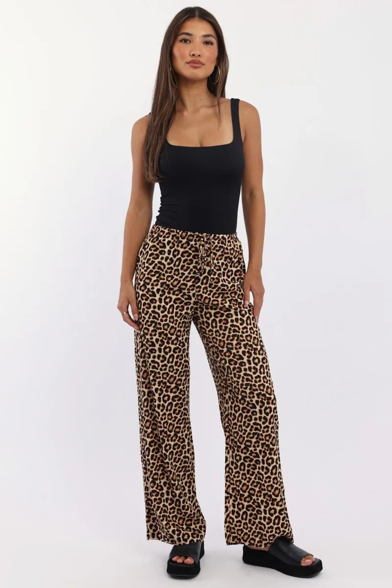 Brown Animal Print Wide Leg Pants Low Rise