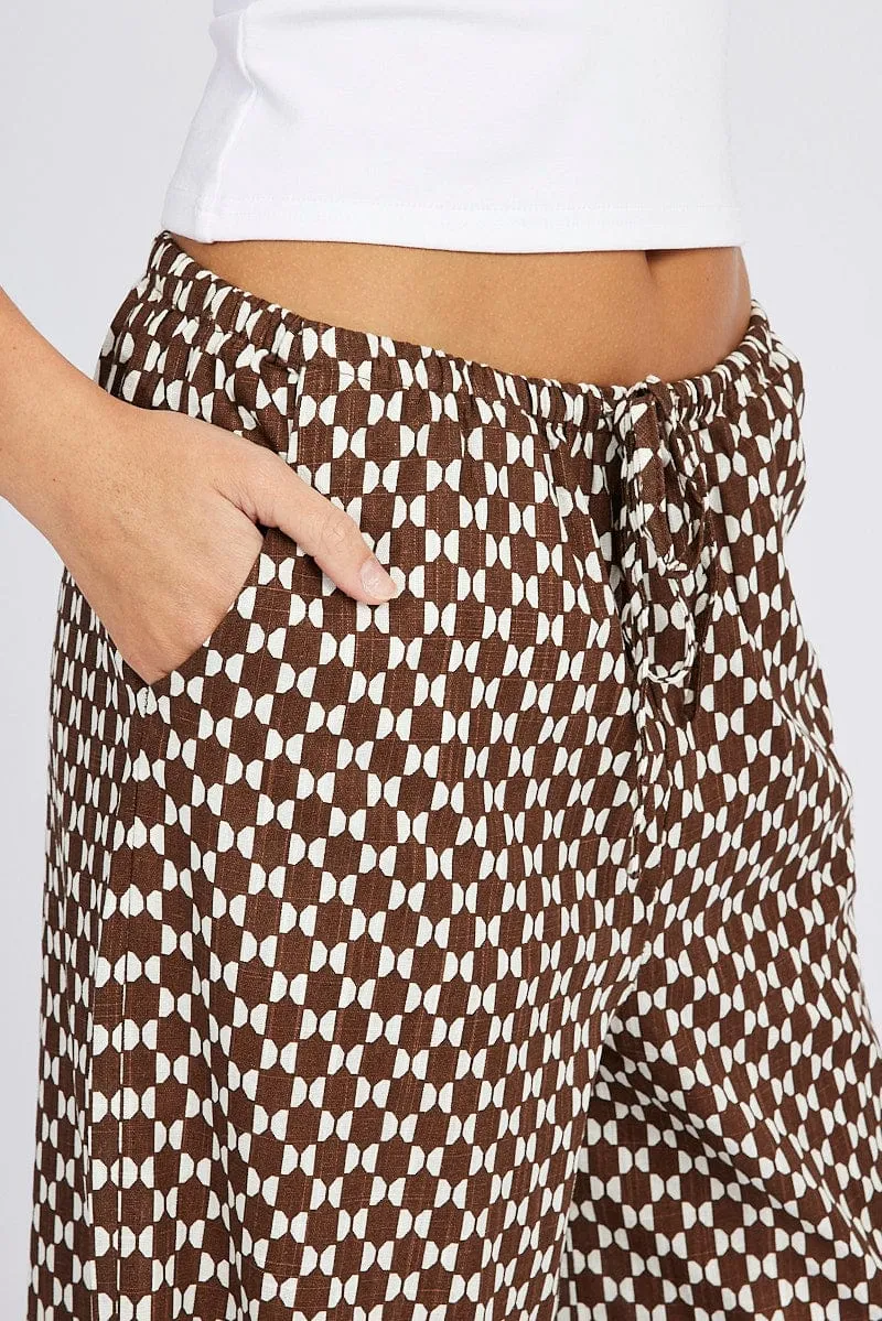 Brown Geo Wide Leg Pants High Rise