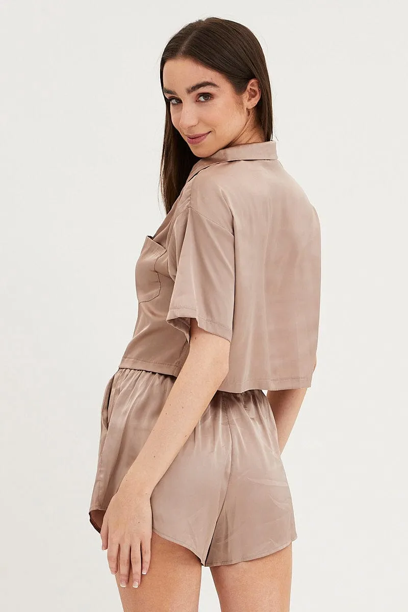 Brown Satin Pajamas Set Short Sleeve Crop