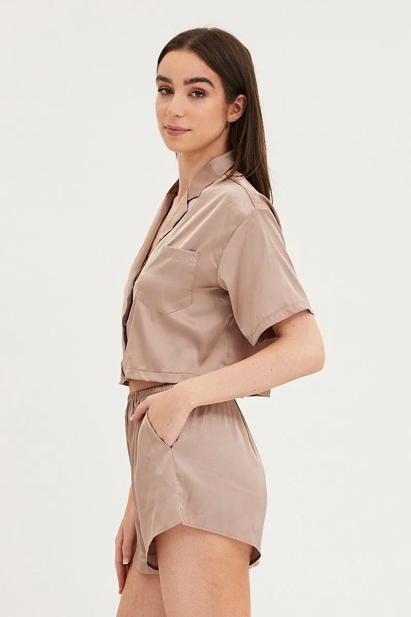 Brown Satin Pajamas Set Short Sleeve Crop