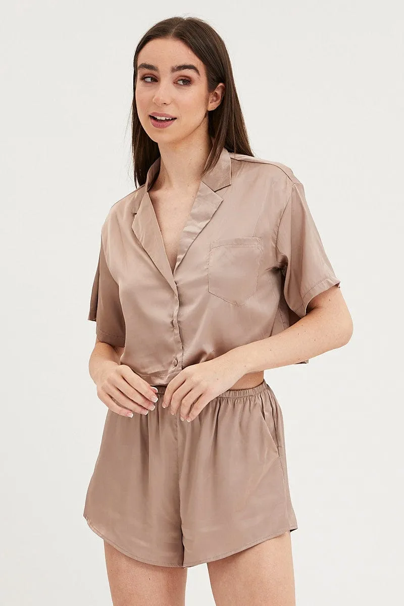 Brown Satin Pajamas Set Short Sleeve Crop