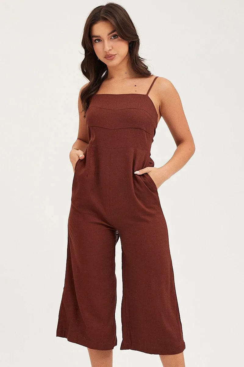 Brown Sleeveless Tie Back Jumpsuit Linen Blend