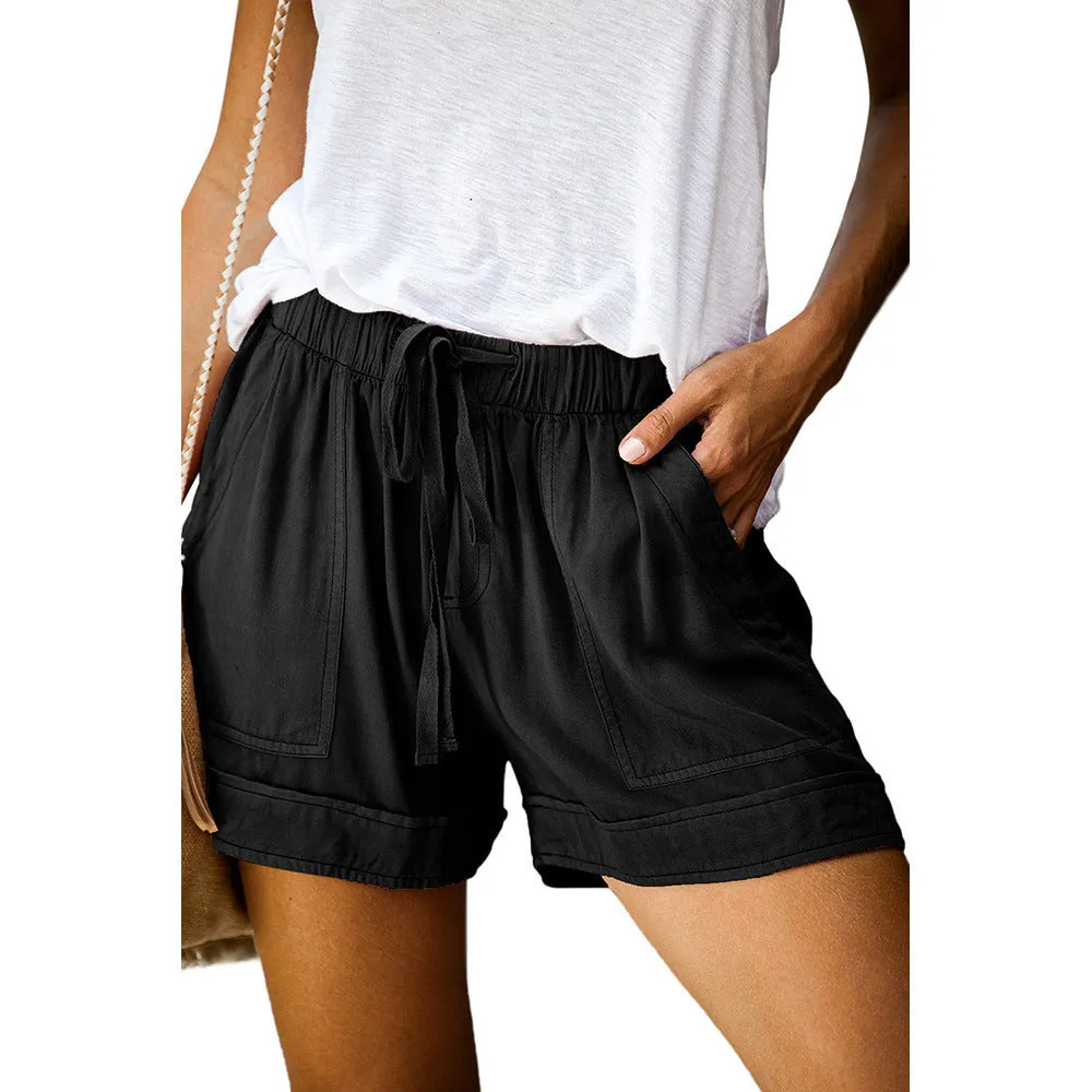 Casual Wide Leg Loose Shorts Summer High-Waist Elastic Lace-up Shorts