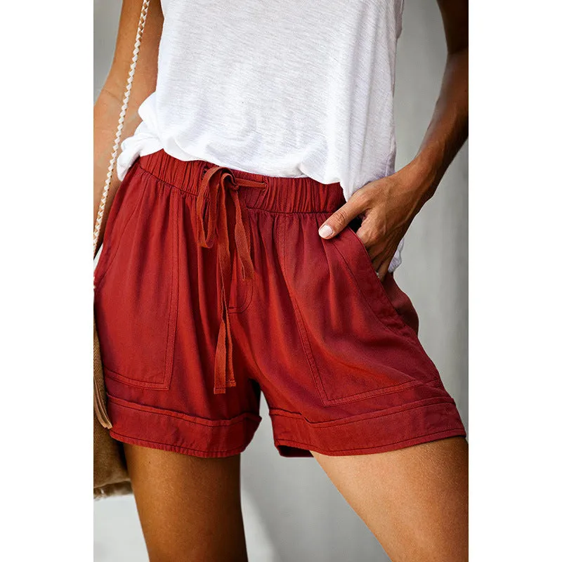 Casual Wide Leg Loose Shorts Summer High-Waist Elastic Lace-up Shorts