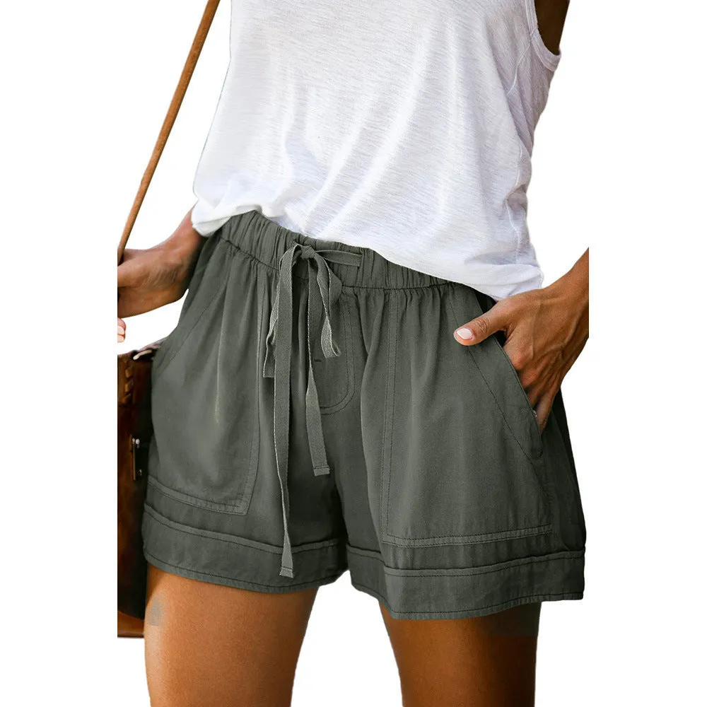 Casual Wide Leg Loose Shorts Summer High-Waist Elastic Lace-up Shorts