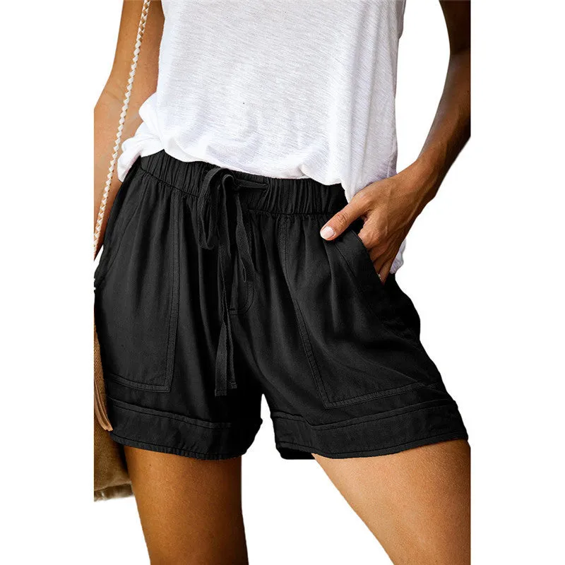 Casual Wide Leg Loose Shorts Summer High-Waist Elastic Lace-up Shorts