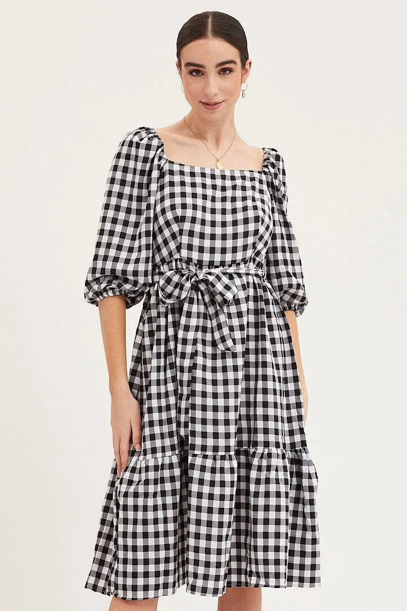 Check Dress Puff Sleeve Maxi