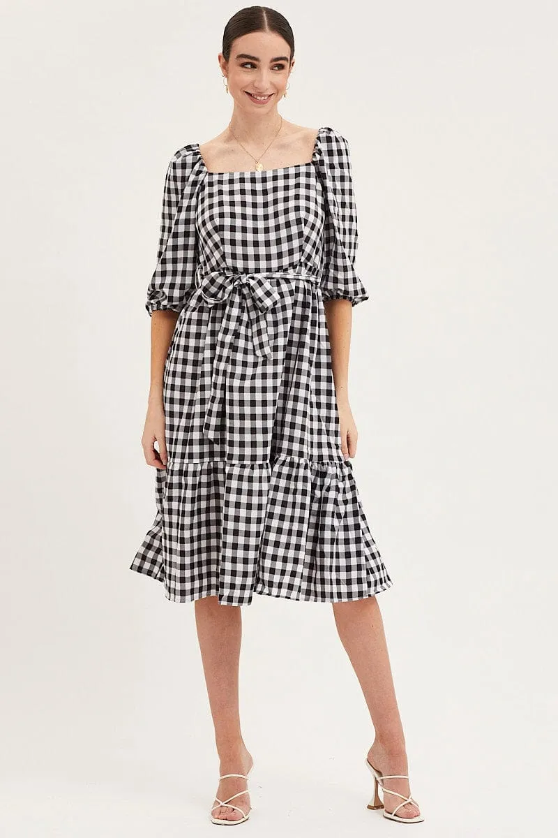 Check Dress Puff Sleeve Maxi