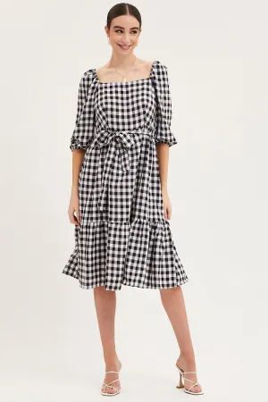 Check Dress Puff Sleeve Maxi