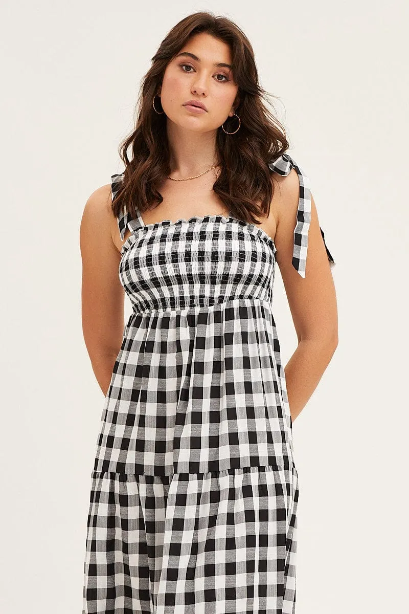 Check Tied Shoulder Midi Dress