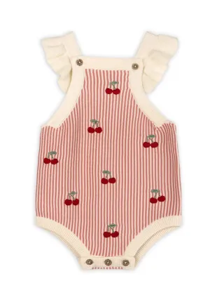 Cherry Stripe Embroidered Ruffle Romper Set - Sweet Cream