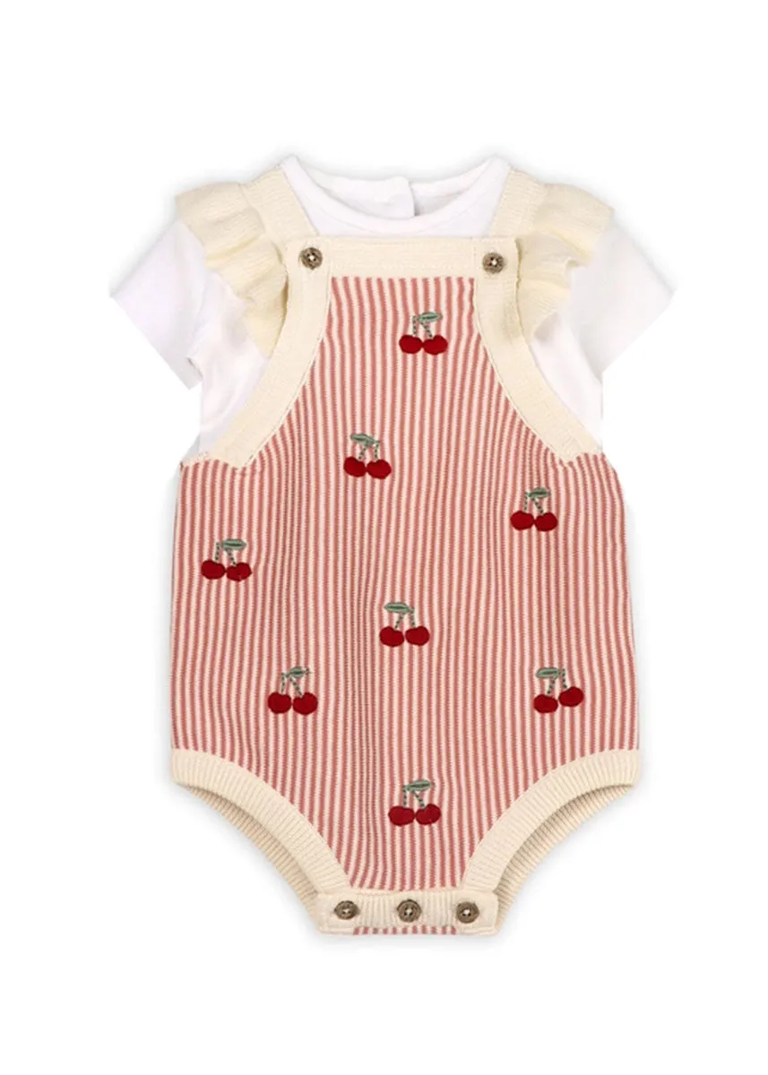 Cherry Stripe Embroidered Ruffle Romper Set - Sweet Cream
