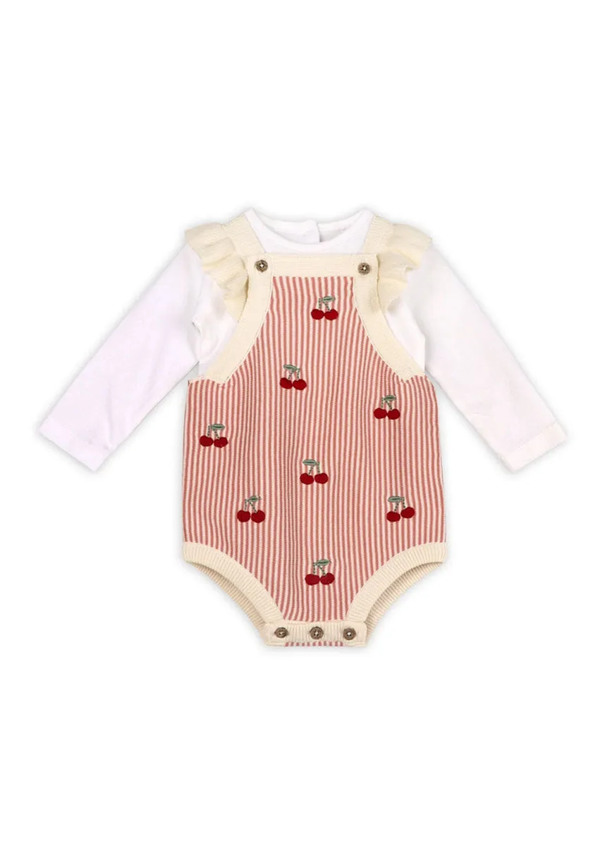 Cherry Stripe Embroidered Ruffle Romper Set - Sweet Cream