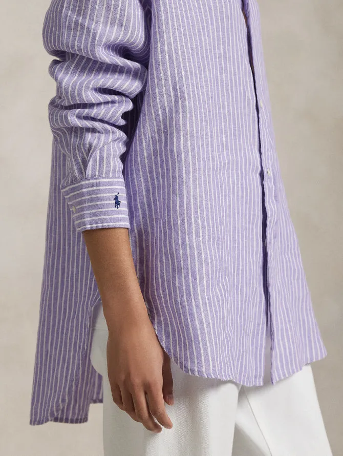 Classic Fit Striped Linen Shirt in Purple/White
