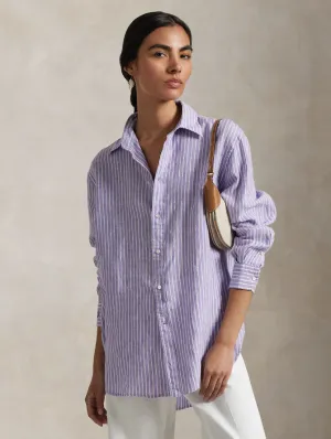 Classic Fit Striped Linen Shirt in Purple/White