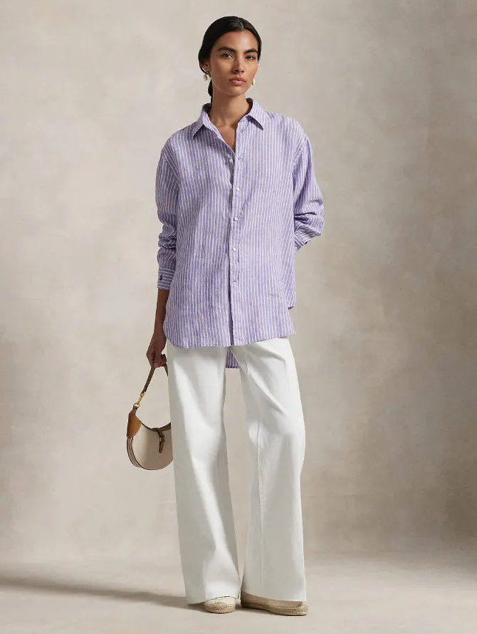 Classic Fit Striped Linen Shirt in Purple/White