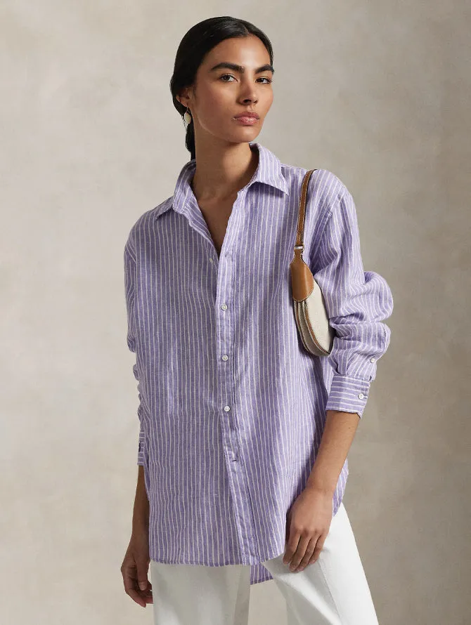 Classic Fit Striped Linen Shirt in Purple/White