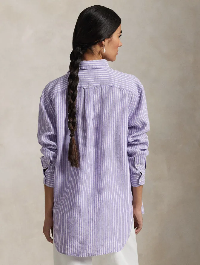 Classic Fit Striped Linen Shirt in Purple/White